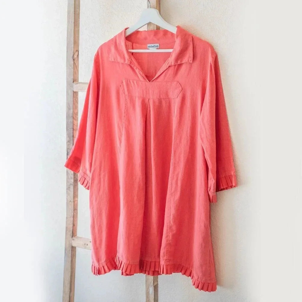 Embellish Coral Linen Blend Shift Dress Medium Pleated Ruffle Hem Collar Pockets - Picture 3 of 10